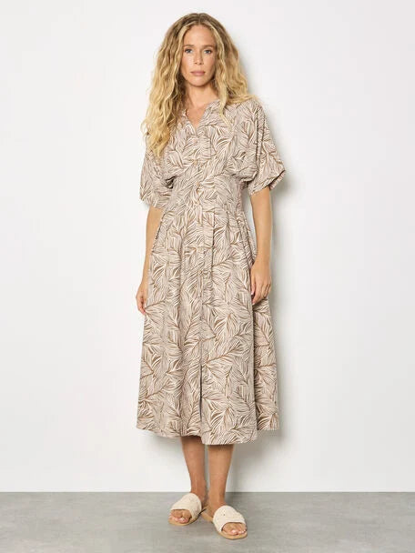 Apricot- Leaf Print Shirt Midi Dress