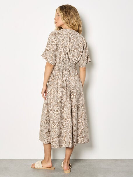 Apricot- Leaf Print Shirt Midi Dress