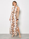 Apricot-Tropical Leaf Halter Neck Maxi Dress