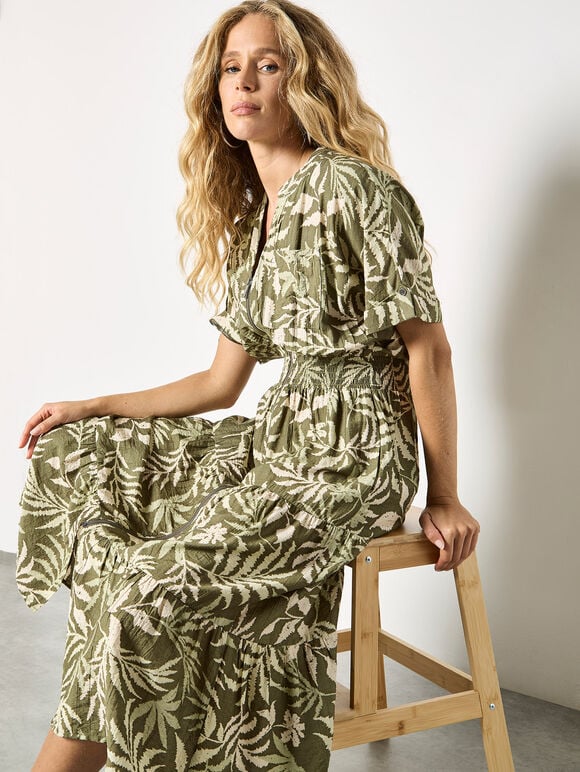 Apricot- Tropical Leaf Zip-Down Midi Dress-