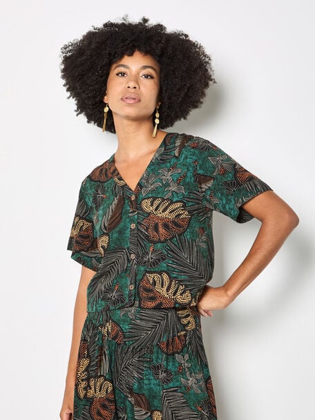 Apricot- Tropical Leaf Print Shirt