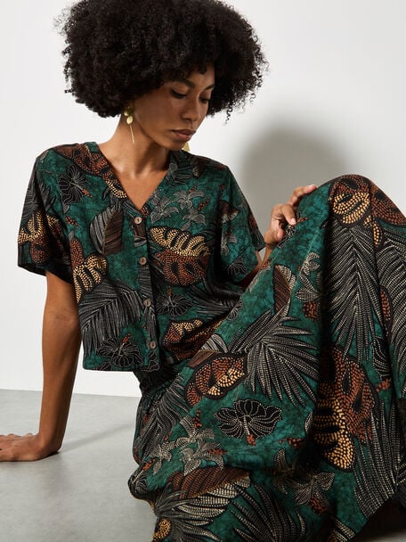 Apricot -Tropical Leaf Print A-Line Midi Skirt