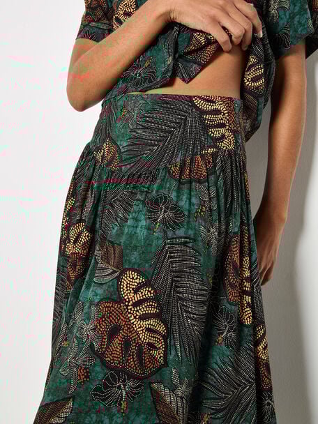 Apricot -Tropical Leaf Print A-Line Midi Skirt