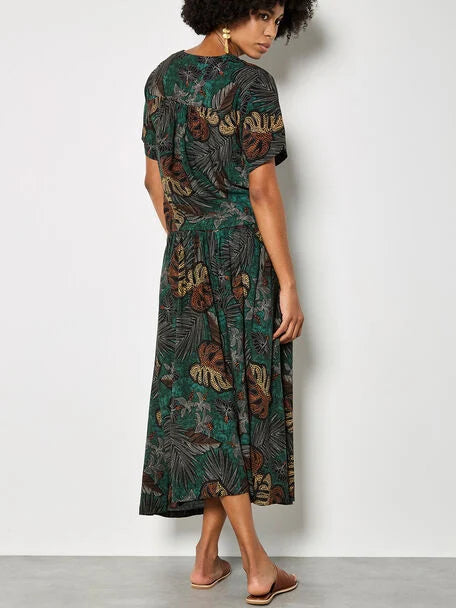 Apricot -Tropical Leaf Print A-Line Midi Skirt