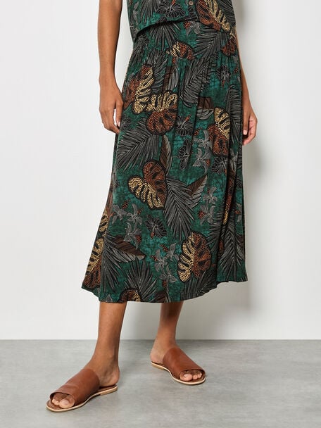 Apricot -Tropical Leaf Print A-Line Midi Skirt