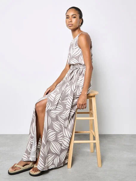 Apricot- Shell Print High Neck Maxi Dress