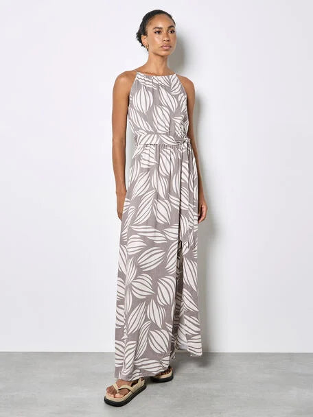 Apricot- Shell Print High Neck Maxi Dress