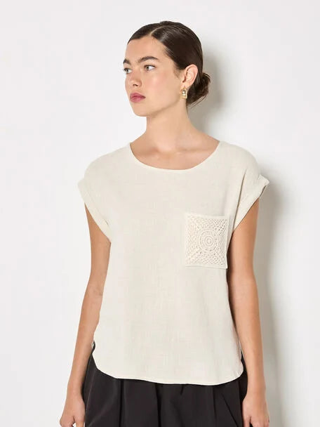 Apricot- Crochet Blend Linen T-Shirt