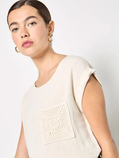 Apricot- Crochet Blend Linen T-Shirt