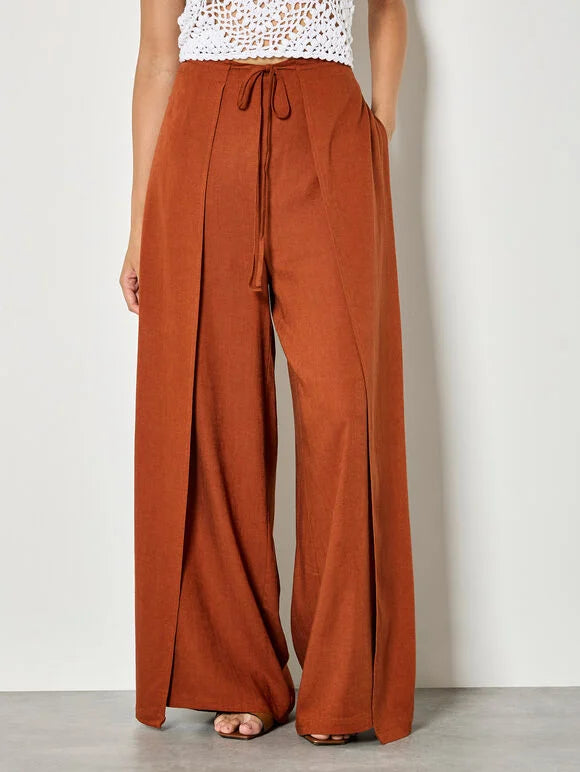 Apricot- Linen Blend Wrap Wide-Leg Trousers
