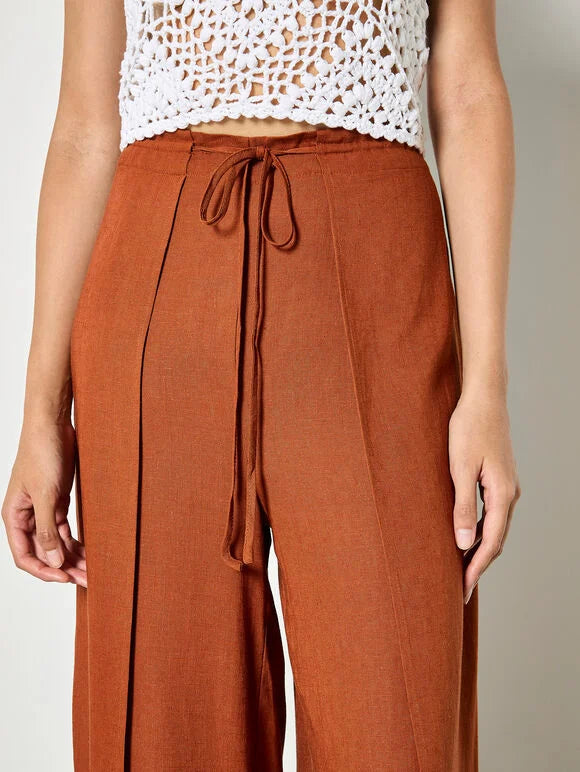 Apricot- Linen Blend Wrap Wide-Leg Trousers