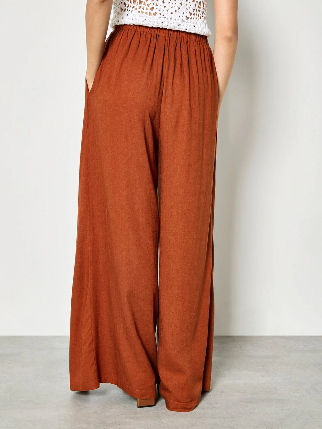 Apricot- Linen Blend Wrap Wide-Leg Trousers