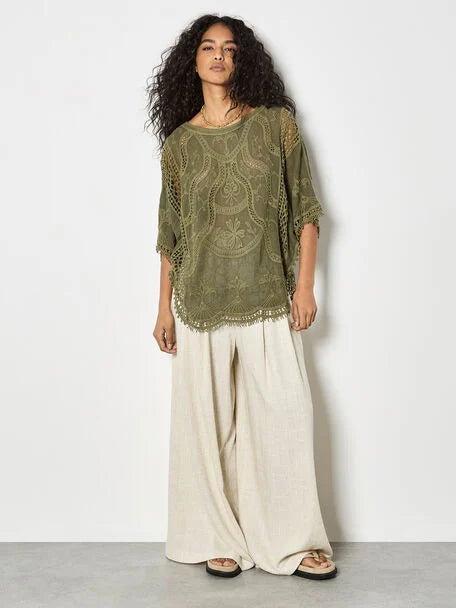 Apricot- Cotton Blend Crochet Embroidered Top