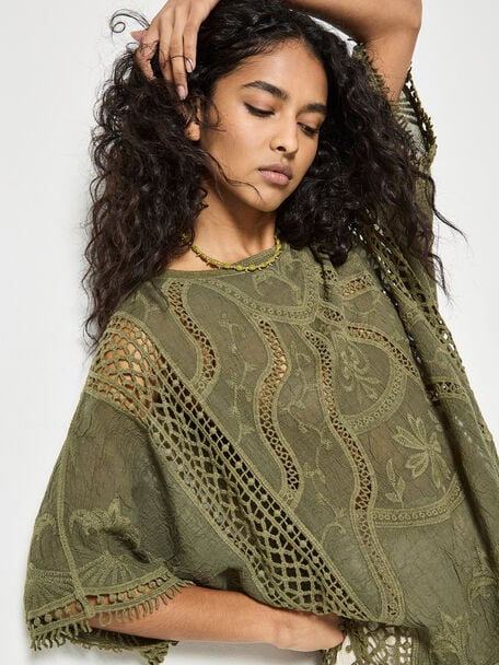 Apricot- Cotton Blend Crochet Embroidered Top