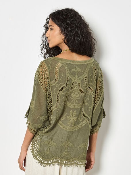 Apricot- Cotton Blend Crochet Embroidered Top