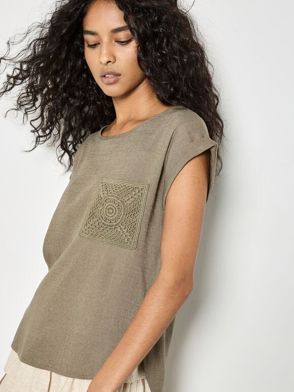 Apricot- Crochet Blend Linen T-Shirt